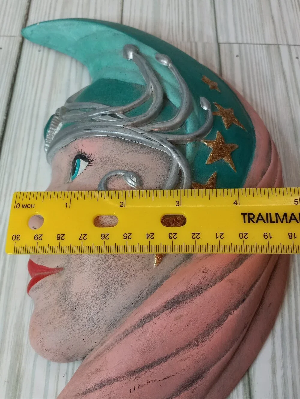Vintage Crescent Moon Face Wall Art Ceramic Handpainted Celestial Goddess